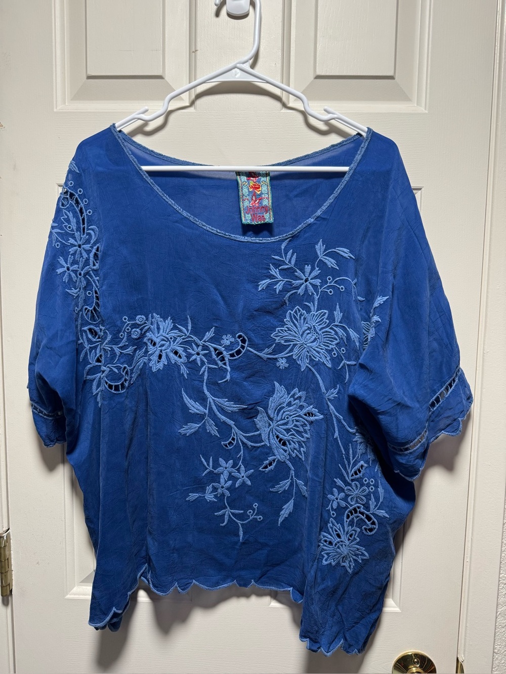 Johnny Was Floral Embroidered Cupra Scoop Neck Scallop Tunic Top Blue XL Boho